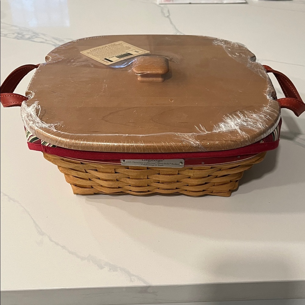 Longaberger Silver Bells Basket Liner New Sealed WoodCrafts Lid Plastic Tray Set